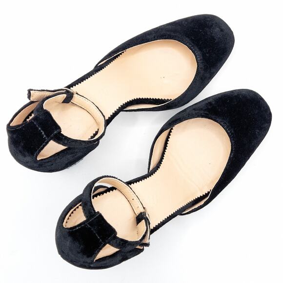 J.Crew Velvet Rhinestone Block Heel Ankle Strap Heels Black Size 5 Evening Chic - Picture 10 of 10